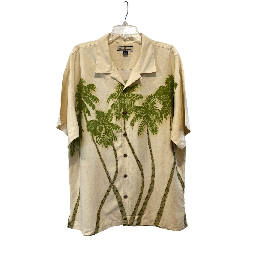 Tommy Bahama Relax Mens XL Silk Palm‎ Tree Camp Shirt Cream Green Tropical Wood
